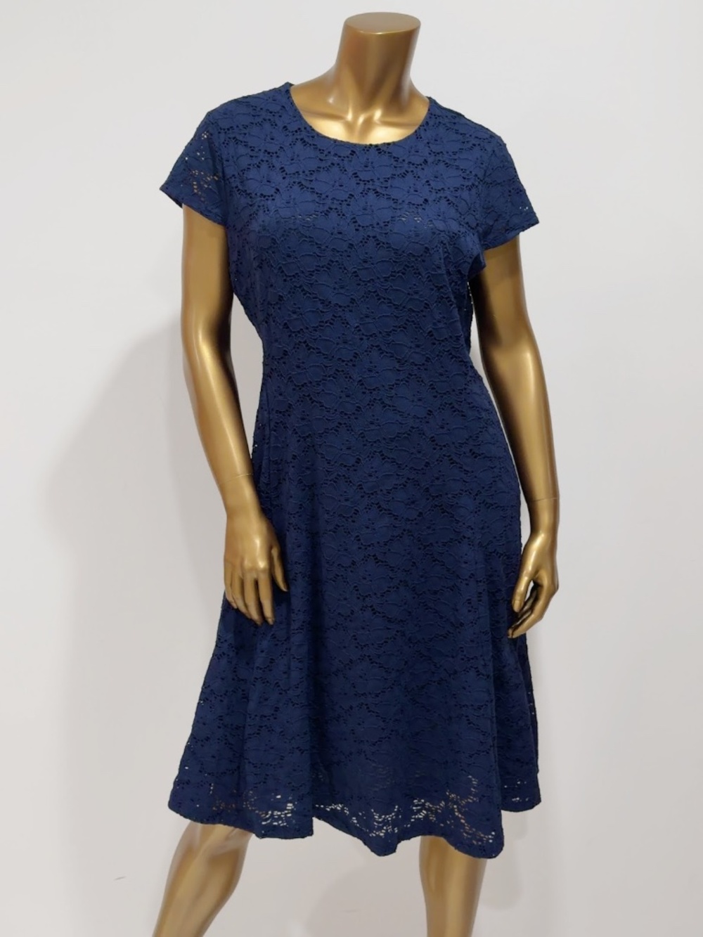 Alfani Women's Navy Blue Lace Short-sleeve Fit-and-Flare Dress Size 16